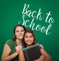 Back To School Written On Chalk Board Behind Proud Hispanic Mother and Daughter Student photo