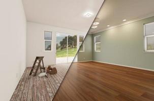 habitación de la casa sin terminar y recién remodelada antes y después con pisos de madera, molduras, pintura verde claro y luces de techo. foto