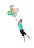 Young Girl Being Carried Up and Away By Balloons That She Is Holding Isolated On A White Background. photo