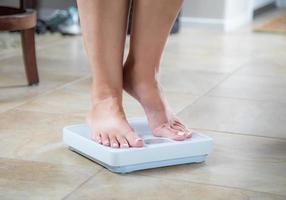 Woman Standing on Weight Scale At Home photo