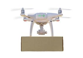Back View of Unmanned Aircraft System UAS Quadcopter Drone Carrying Blank Package On White photo