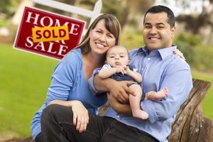 Mixed Race Couple, Baby, Sold Real Estate Sign photo