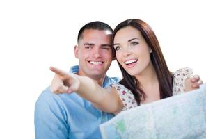 Young Military Couple Looking at Map Isolated on White photo