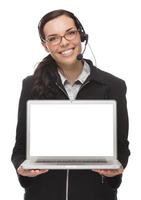 Mixed Race Businesswoman Wearing Headset Holds Computer With Blank Screen photo