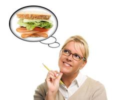 Hungry Woman with Thought Bubbles of Big, Fresh Sandwich photo