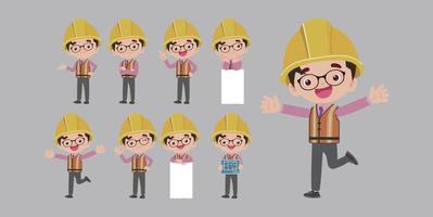 Set of flat engineer with different poses vector