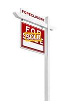 Left Facing Foreclosure Sold For Sale Real Estate Sign Isolated on White. photo