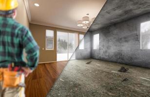 Contractor Facing Newly Remodeled and Raw Unfinished Room of House. photo