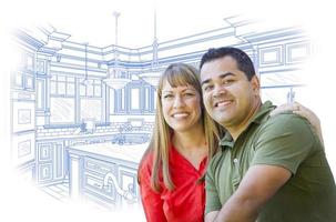 Mixed Race Couple Over Kitchen Design Drawing on White photo
