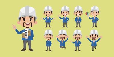 Set of flat engineer with different poses vector