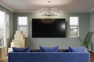 Ilustración 3d de varias cajas de mudanza de cartón, planta de sofá y tv montada en la pared en blanco en la habitación. foto