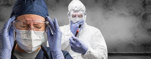 Female and Male Doctors or Nurses Wearing Scrubs and Protective Mask and Goggles Banner photo