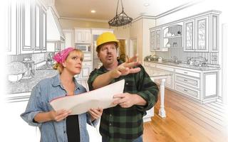 Contractor Talking with Customer Over Kitchen Drawing and Photo Combination