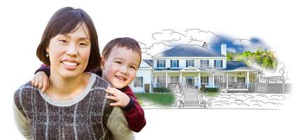 Chinese Mother and Mixed Race Child In Front of House Drawing on White. photo