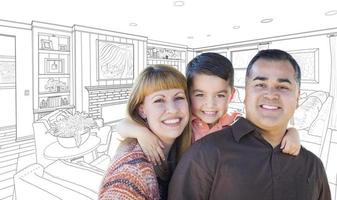 Young Mixed Race Family Over Living Room Drawing On White photo