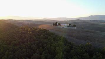 Chapel Madonna di Vitaleta in Val d'Orcia Tuscany Aerial View video