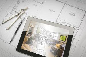 Computer Tablet Showing Room Illustration On House Plans, Pencil, Compass photo