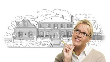 Woman with Pencil Over House Drawing on White photo