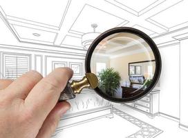 Hand Holding Magnifying Glass Revealing Custom Bedroom Design Drawing and Photo Combination