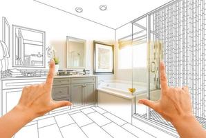 Hands Framing Custom Master Bathroom Photo Section with Drawing Behind