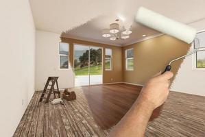 Before and After of Man Painting Roller to Reveal Newly Remodeled Room with Fresh Tan Paint and New Floors. photo