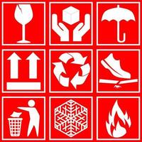 Ilustración de vector de símbolo de signo frágil. vector de símbolo de signo de embalaje rojo para icono, etiqueta, gráfico, negocio, diseño o decoración. conjunto de símbolo de cartón de paquete frágil rojo