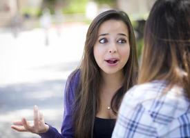 Expressive Young Mixed Race Female Sitting and Talking with Girlfriend photo