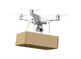 Unmanned Aircraft System UAS Quadcopter Drone Carrying Blank Package On White photo