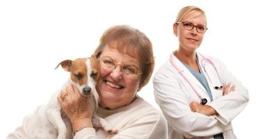 Happy Senior Woman with Dog and Veterinarian photo