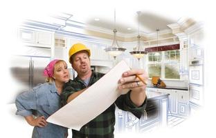 Contractor Discussing Plans with Woman, Kitchen Drawing Photo Behind