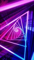 Flying through a triangular tunnel with neon lights. Vertical looped video