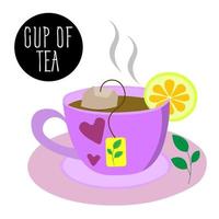 violet cup of aromatic tea with slice of lemon and sprig of mint on saucer. The tea is brewed with tea bag. It's time to drink hot tea, quench your thirst. Vector illustration.