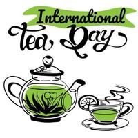 cita del día internacional del té. tetera de vidrio con té fresco, taza con bebida caliente en platillo de rodaja de limón. hora de beber té. verter té de la tetera vector