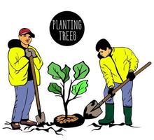 dos jóvenes están goteando hoyo, hombres con palas, plantando árboles. jóvenes alegres trabajan en el jardín. eco-voluntarios, grupo de personas plantan un nuevo árbol joven. vector
