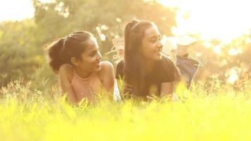 Stockvideo von zwei fröhlichen Mädchen, die Spaß beim Lügen auf grünem Gras in einem Park unterhalten und haben. video