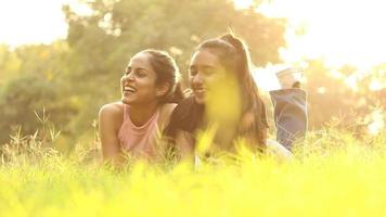 video di Due bellissimo ragazze dire bugie su verde erba e avendo divertimento nel un' parco.