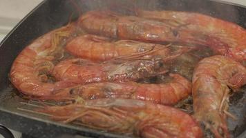 cucinando rosso gamberetti su padella. frittura argentino gamberetto gamberetto delizioso ristorante buongustaio casa video