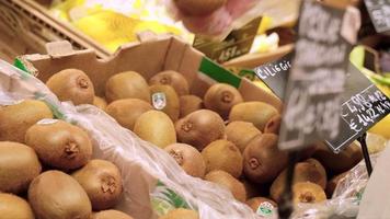 Pflücken von Kiwis auf dem Markt in Zeitlupe. Kaufen Sie gesunde Bio-Lebensmittel im Obstladen-Lebensmittelgeschäft. video