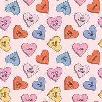 Seamless pattern in trendy retro groovy style. With valentines day elements. Candy hearts vector