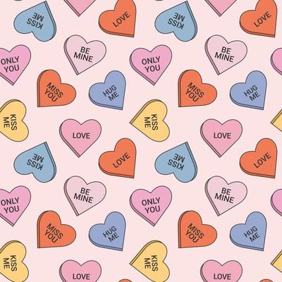 Seamless pattern in trendy retro groovy style. With valentines day elements. Candy hearts