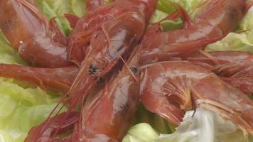 gambas rojas comida de mar fresca gourmet girando sobre ensalada. primer plano sobre gambas crudas camarones argentinos mariscos frescos video