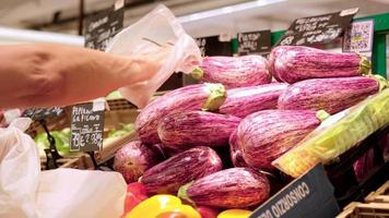 colhendo berinjela na mercearia. mão do cliente escolhendo beringela no mercado em câmera lenta. legumes de comida saudável no supermercado. video