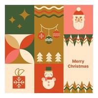 afiche geométrico de navidad hecho de íconos geométricos simples - santa, bola de navidad, muñeco de nieve, árbol de navidad, copo de nieve. fondo geométrico rojo, verde y dorado. ilustración vectorial en estilo plano vector