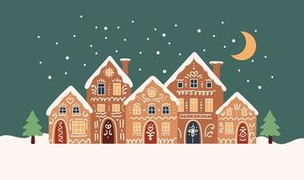 casas de pan de jengibre escena navideña. linda ilustración vectorial en estilo de dibujos animados plana vector
