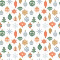 Merry Christmas, seamless pattern with cute vintage hanging decorations. Vector illustration in flat cartoon style