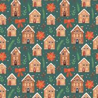 Gingerbread houses christmas pattern. Cute vector illustration in flat cartoon style