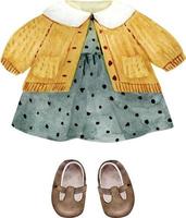 vestido de ropa y zapatos para una chica de estilo vintage, ilustración acuarela. vector