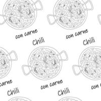 patrón impecable de chili con carne con frijoles y rebanadas con letras. comida latinoamericana. vector