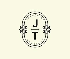 plantilla de logotipos de monograma de boda con letras iniciales jt, plantillas florales y minimalistas modernas dibujadas a mano para tarjetas de invitación, guardar la fecha, identidad elegante. vector