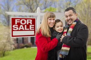 Mixed Race Family, Home and For Sale Real Estate Sign photo